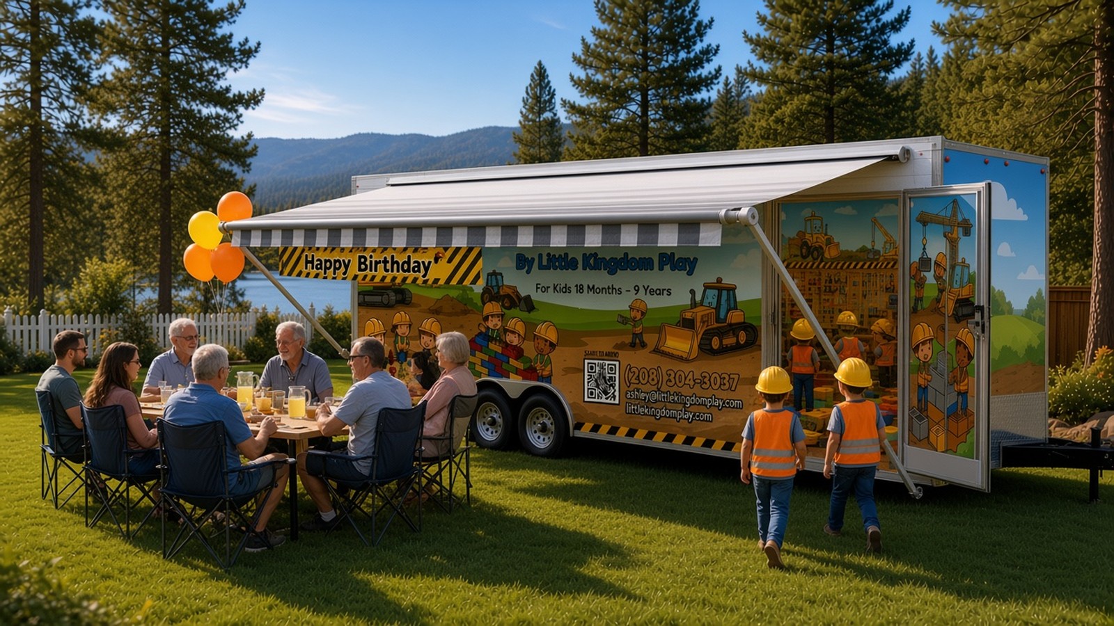 The Little Builders trailer at a backyard birthday party: its grey-and-white striped RV-style awning is rolled out on the passenger side with balloons and a Happy Birthday banner, parents and grandparents sit at a table in the shade, and kids in hard hats and safety vests head through the open side door into the construction play room