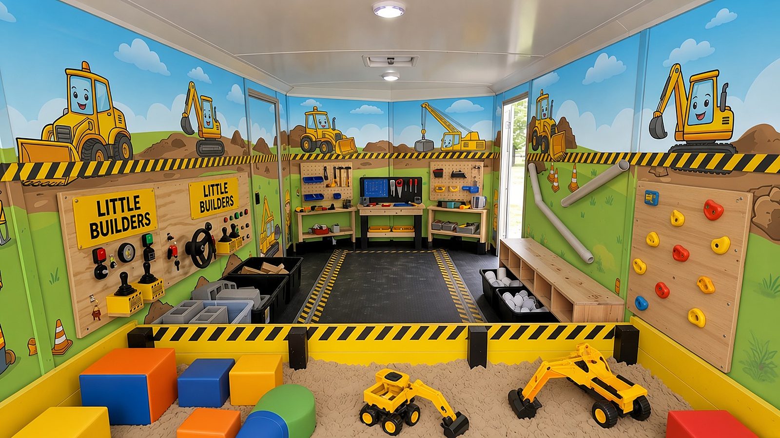 Design concept of the Little Builders interior: a sand dig pit with ride-on toy diggers, foam blocks, a tool bench, a climbing wall and Little Builders signs