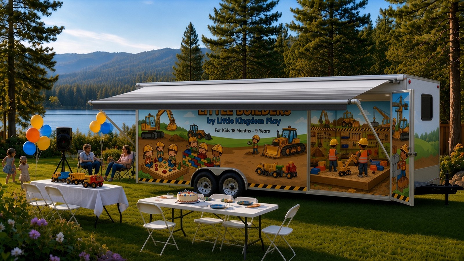 Little Builders Party Plus setup: themed cake tables with balloons, a party speaker and take-home toy souvenirs