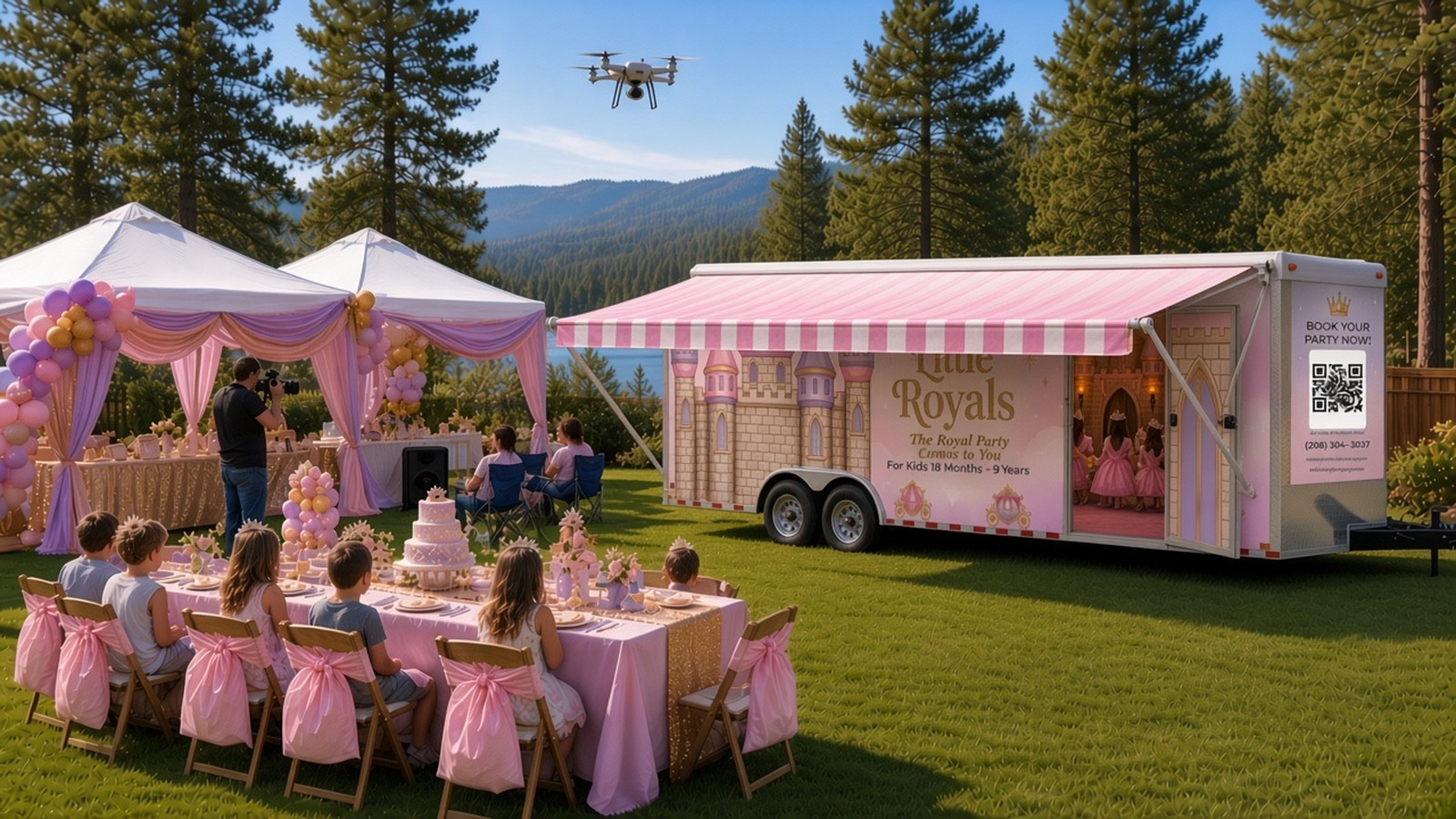 Little Royals VIP Package setup: draped themed canopies, decorated tables with tablecloths, goodie bags, a photographer and a drone