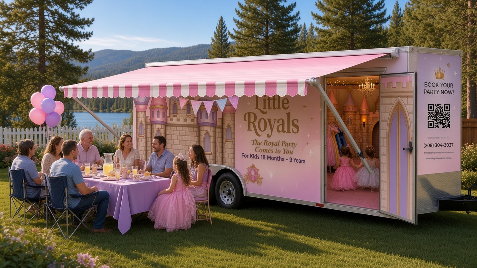 The Little Royals trailer at a backyard princess birthday: its pink-and-white striped RV-style awning is rolled out on the passenger side with balloons and pastel bunting, parents and grandparents sit at a lavender table in the shade, and little girls in gowns play in the castle room through the open side door
