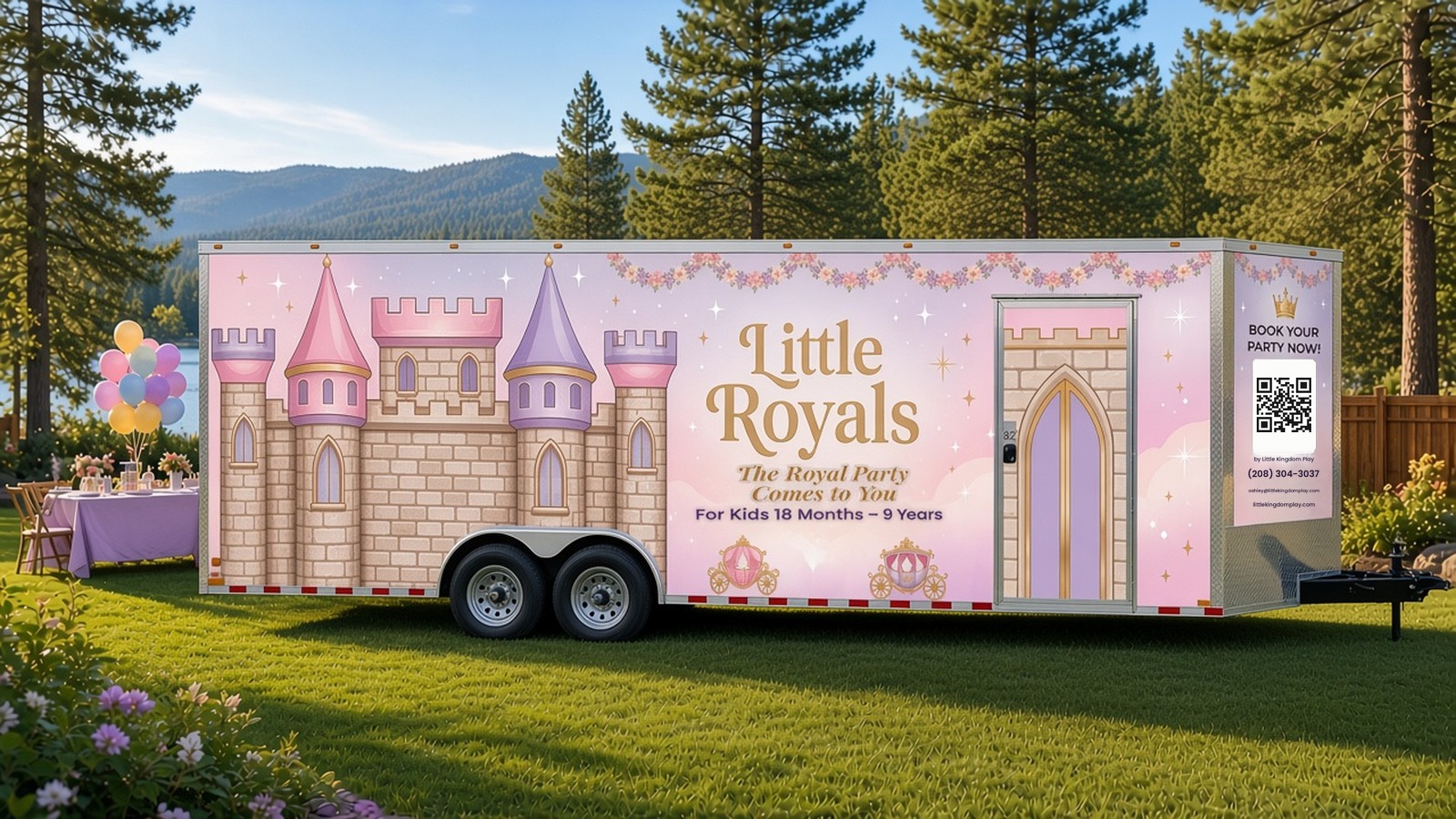 The Little Royals 8.5x20 V-nose trailer, door side: castle towers, a castle-arch entry door, Little Royals, The Royal Party Comes to You, For Kids 18 Months to 9 Years, and a Book Your Party Now panel with a QR code