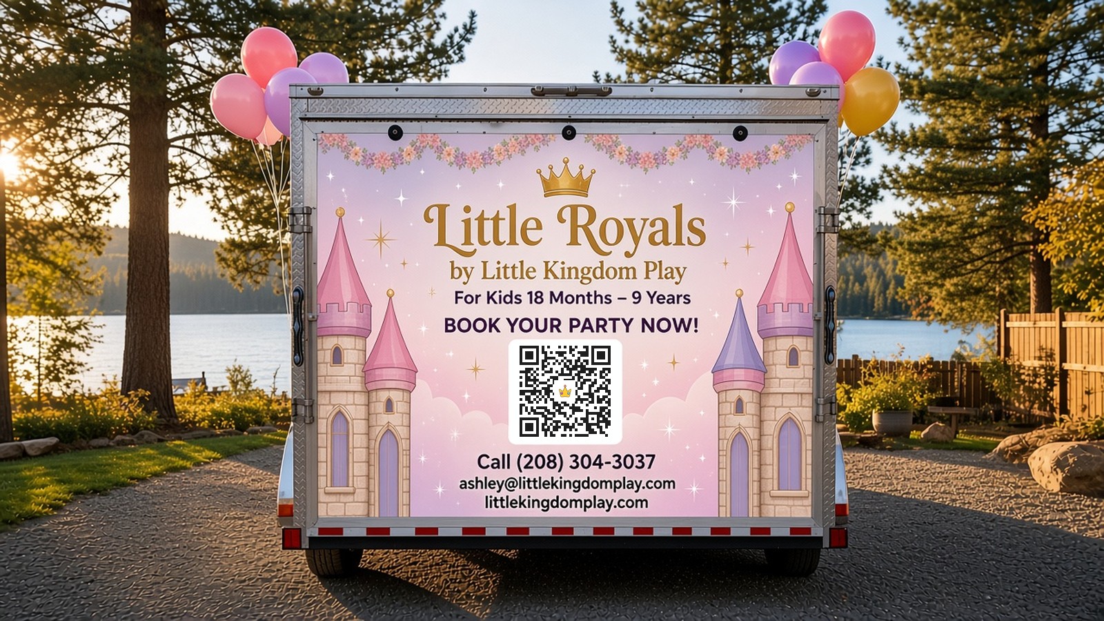 Design concept of the Little Royals rear doors, reading Little Royals by Little Kingdom Play, For Kids 18 Months to 9 Years, Book Your Party Now, with a QR code, (208) 304-3037 and littlekingdomplay.com